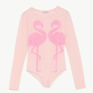 NWT Zara Pink Flamingo Long Sleeve Sheer Bodysuit